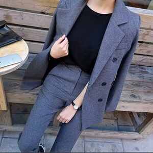 🌿 Gray Blazer Pant Suit Set